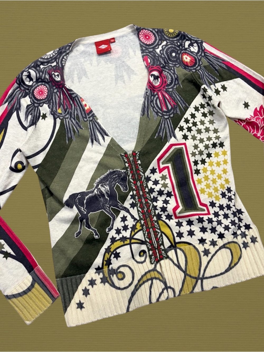 Y2K Oilily Womens Equestrian Horse Graphic Zip Up Cardigan Sweater Tan